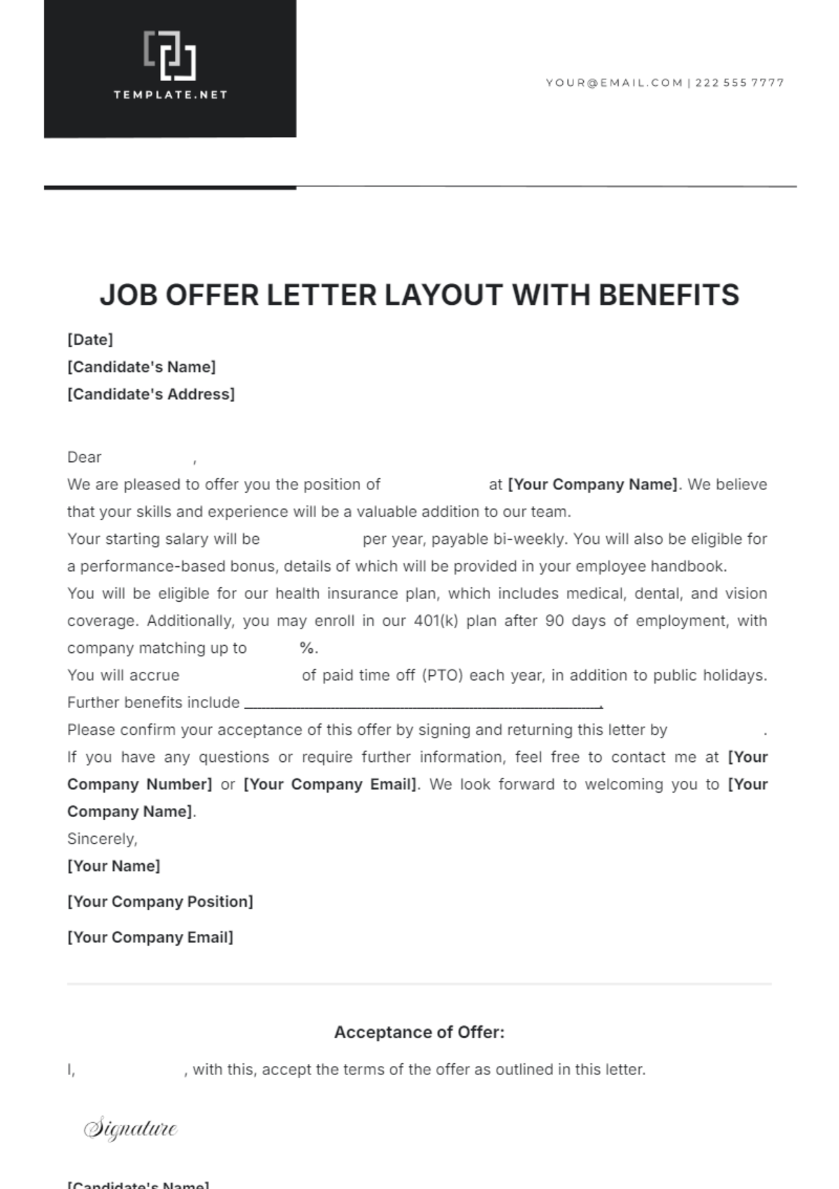 Job Offer Letter Layout with Benefits Template - Edit Online & Download