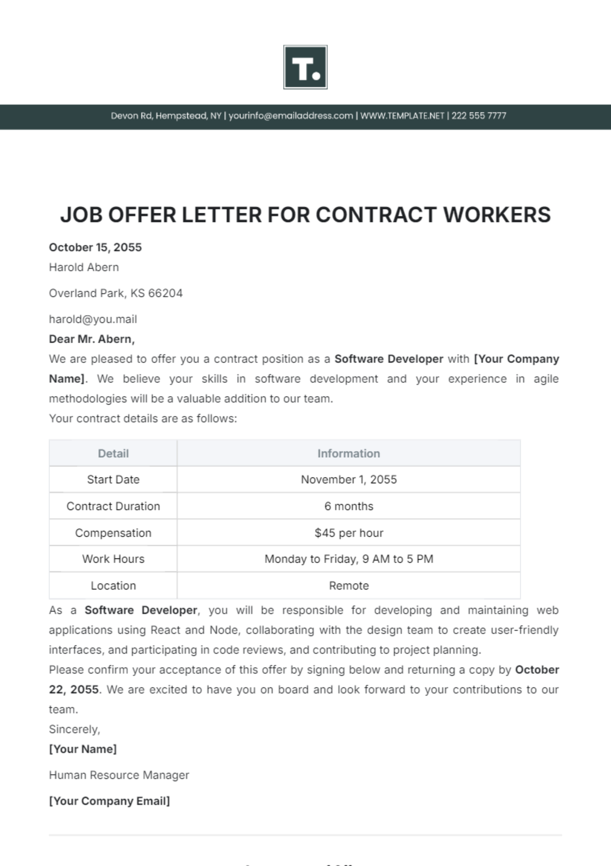 Job Offer Letter for Contract Workers Template - Edit Online & Download