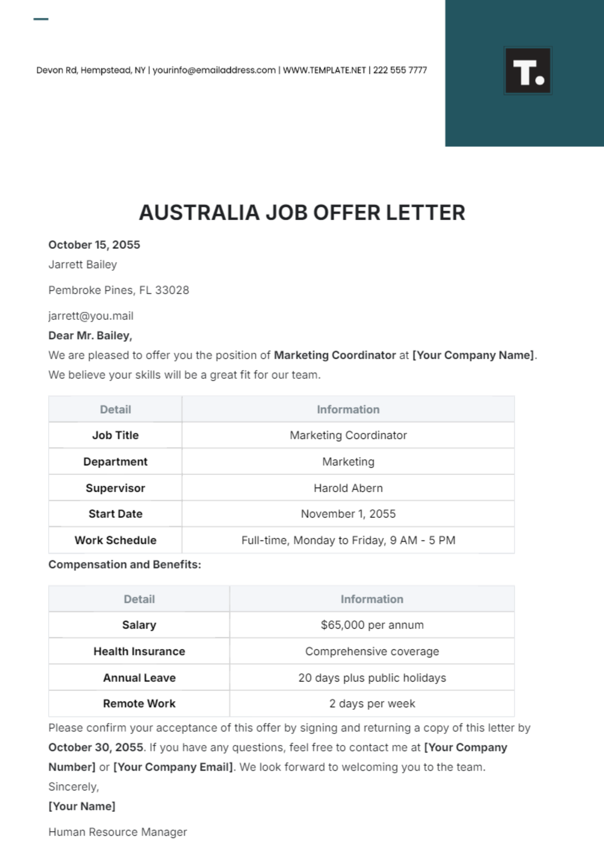 Australia Job Offer Letter Template - Edit Online & Download