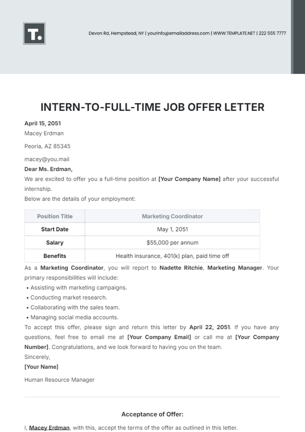 Intern-to-Full-Time Job Offer Letter Template - Edit Online & Download