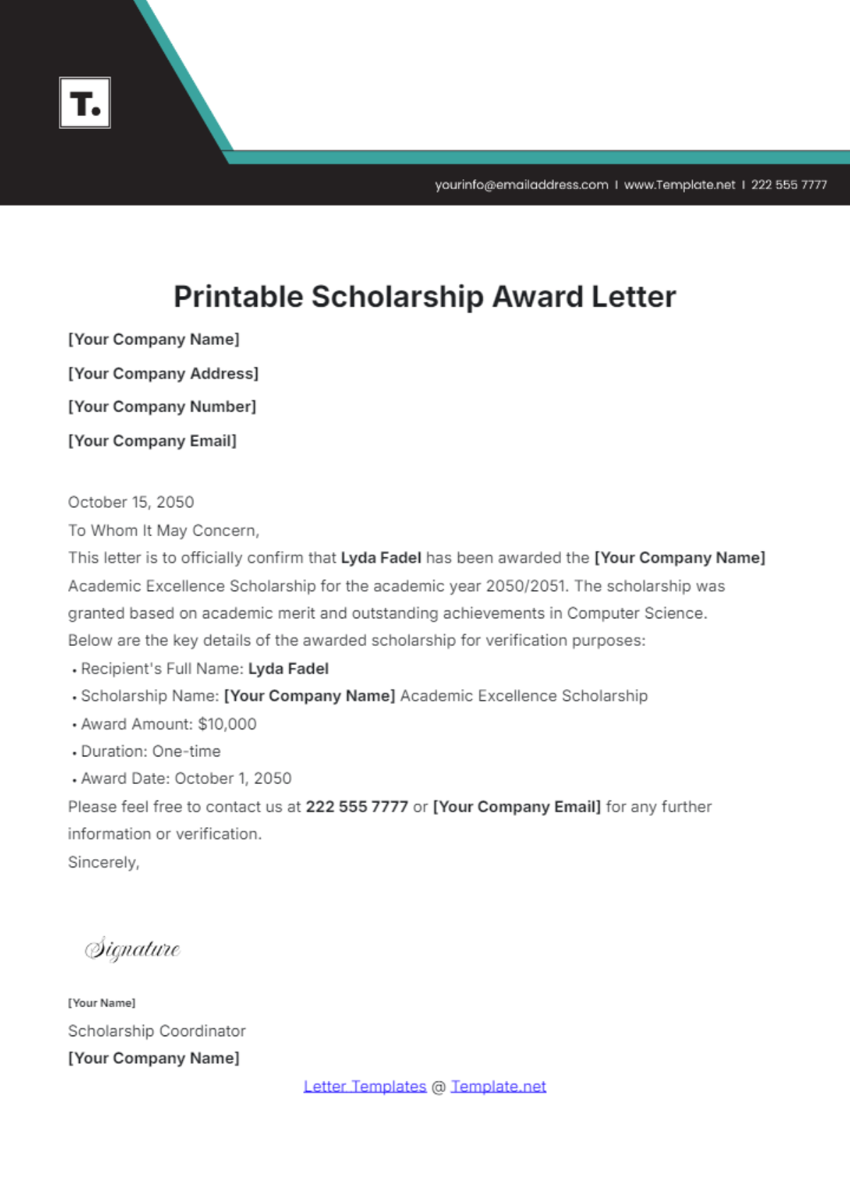 Printable Scholarship Award Letter Template - Edit Online & Download