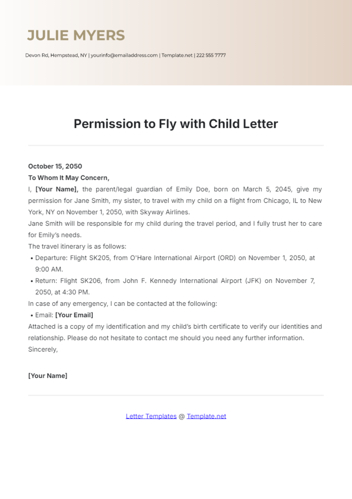 Permission to Fly with Child Letter Template - Edit Online & Download