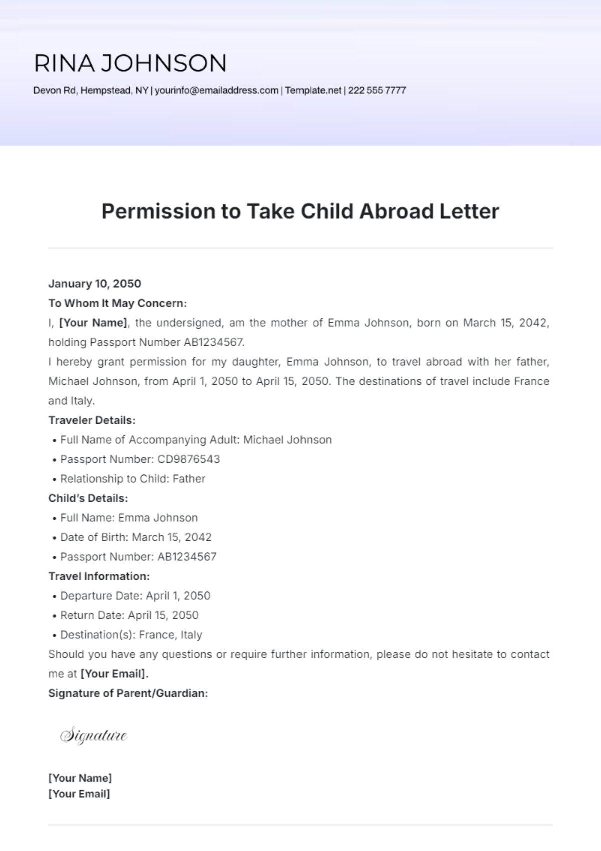 Permission to Take Child Abroad Letter Template - Edit Online & Download