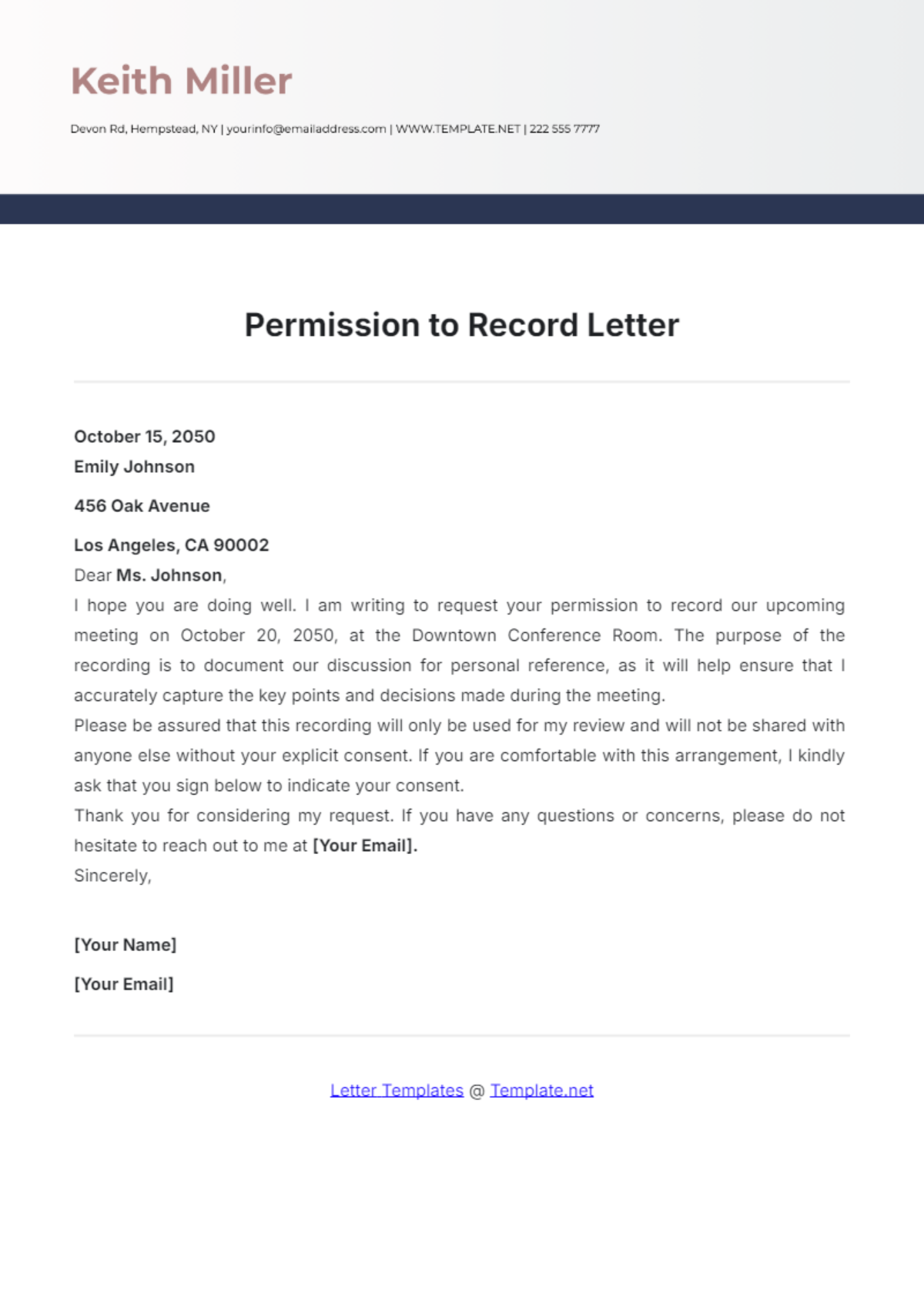 Permission to Record Letter Template - Edit Online & Download