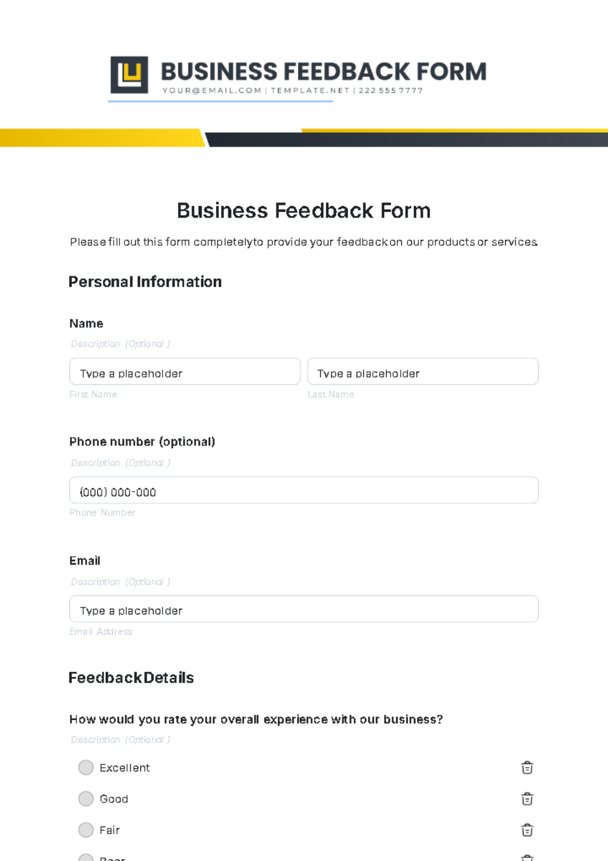 Business Feedback Form Template - Edit Online & Download