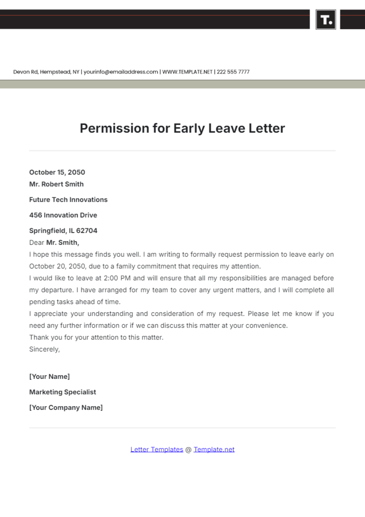 Permission for Early Leave Letter Template - Edit Online & Download