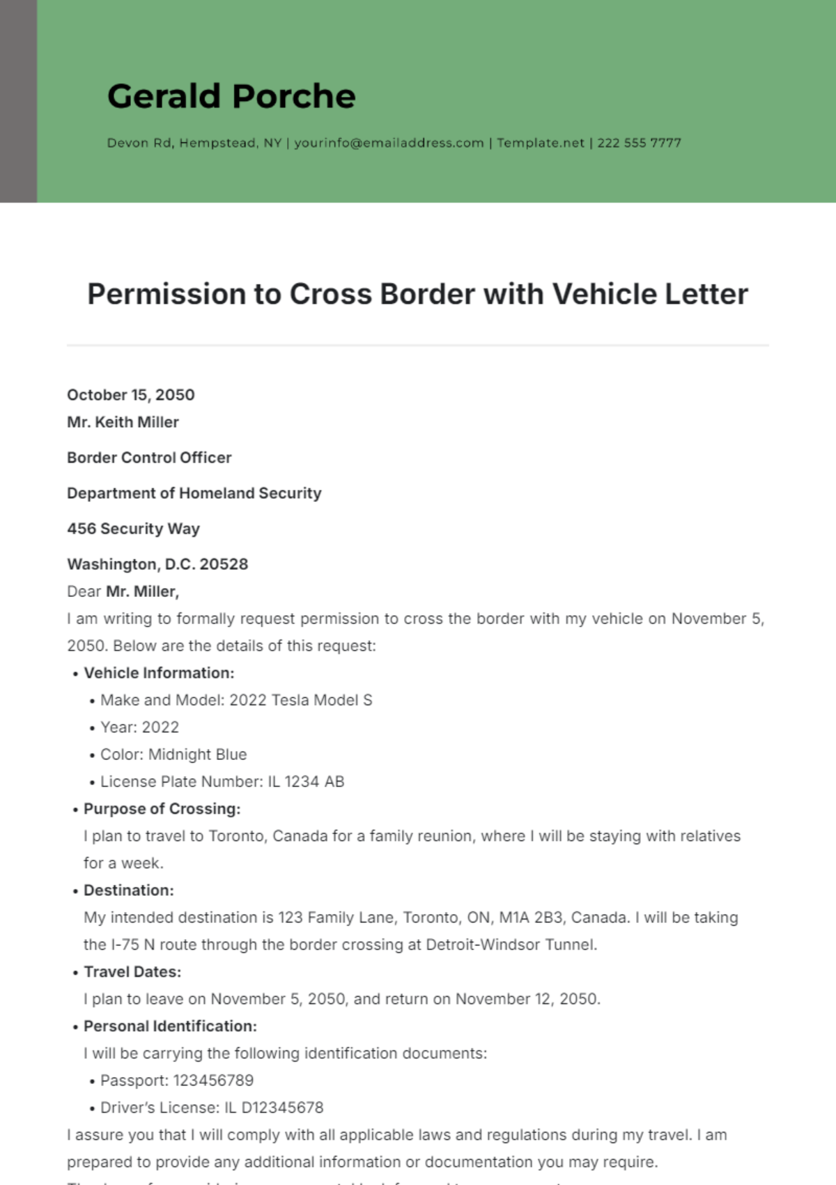 Permission to Cross Border with Vehicle Letter Template - Edit Online & Download