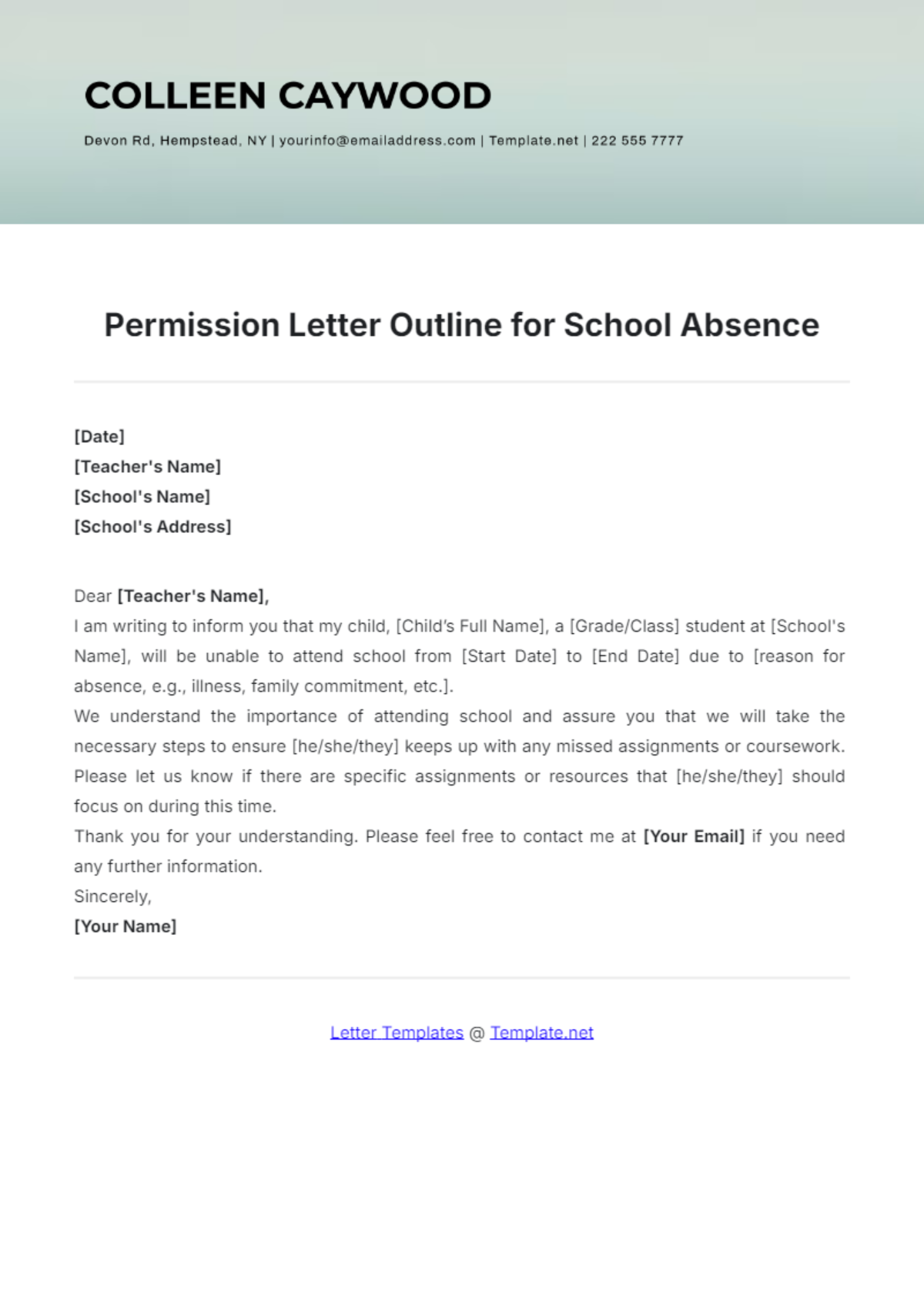 Permission Letter Outline for School Absence Template - Edit Online & Download