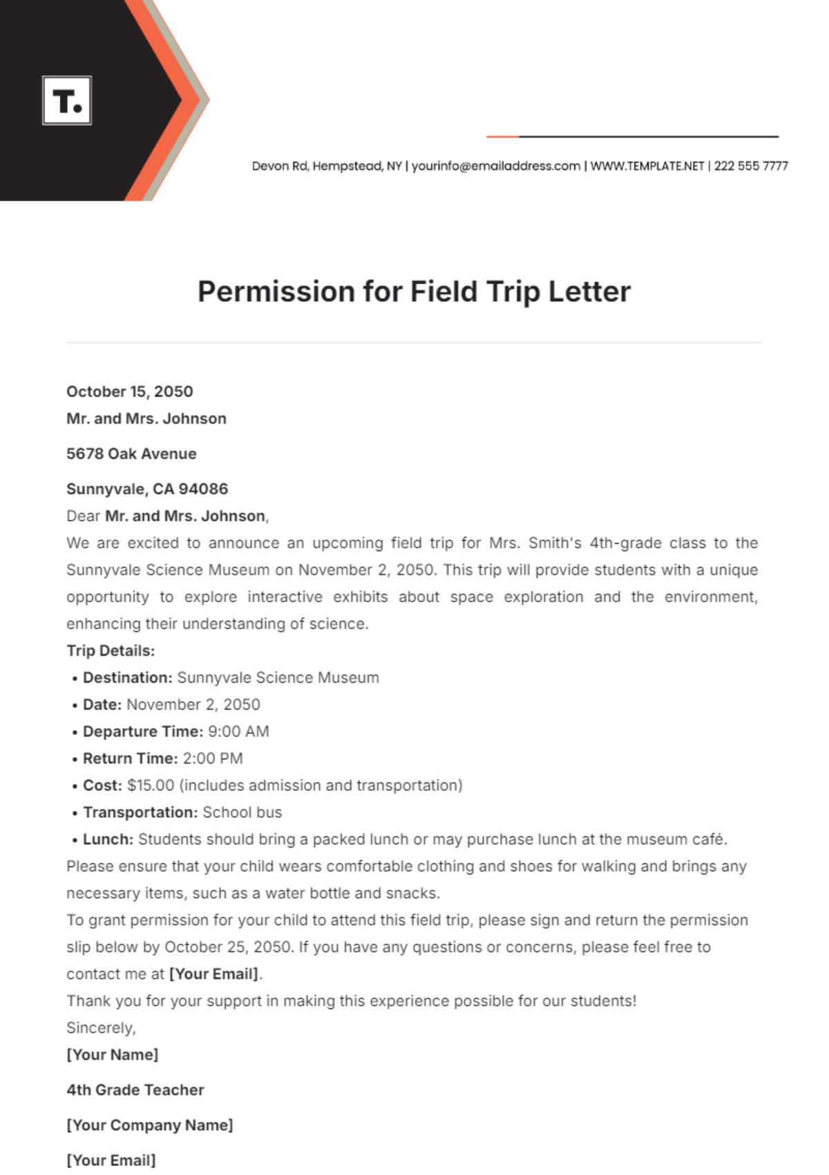 Permission for Field Trip Letter Template - Edit Online & Download