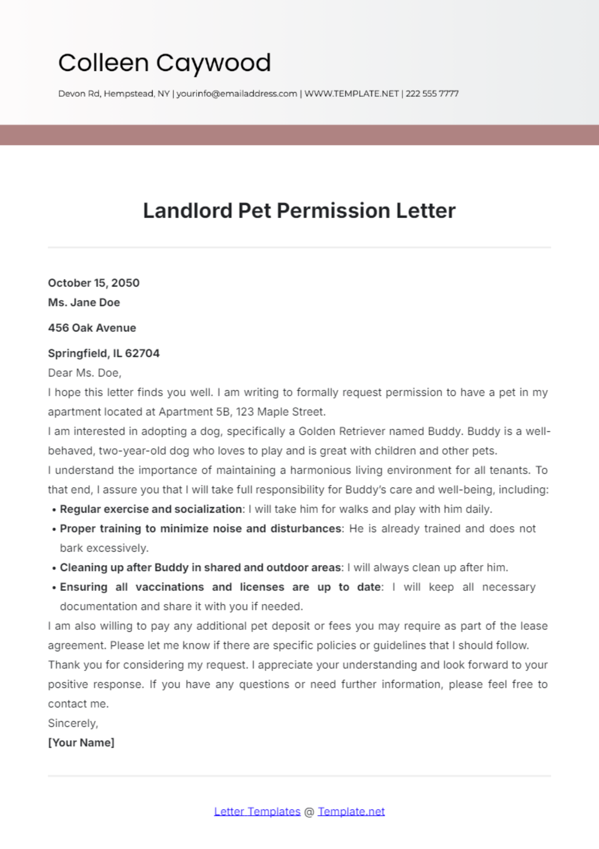 Landlord Pet Permission Letter Template - Edit Online & Download