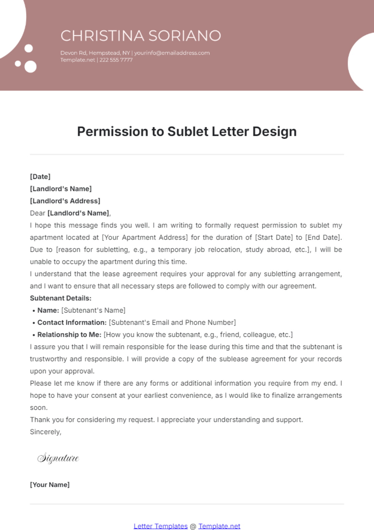 Permission to Sublet Letter Design Template - Edit Online & Download