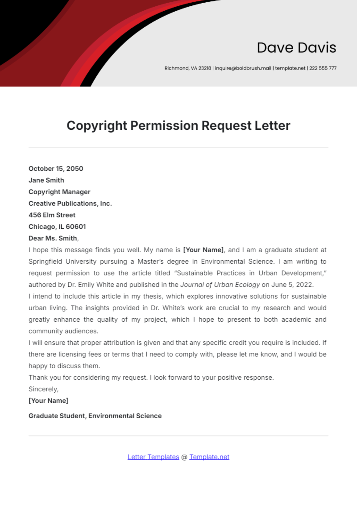 Copyright Permission Request Letter Template - Edit Online & Download