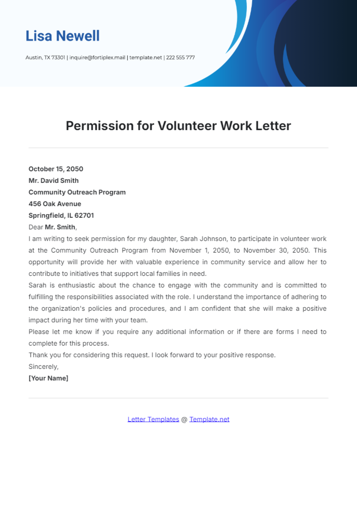 Permission for Volunteer Work Letter Template - Edit Online & Download