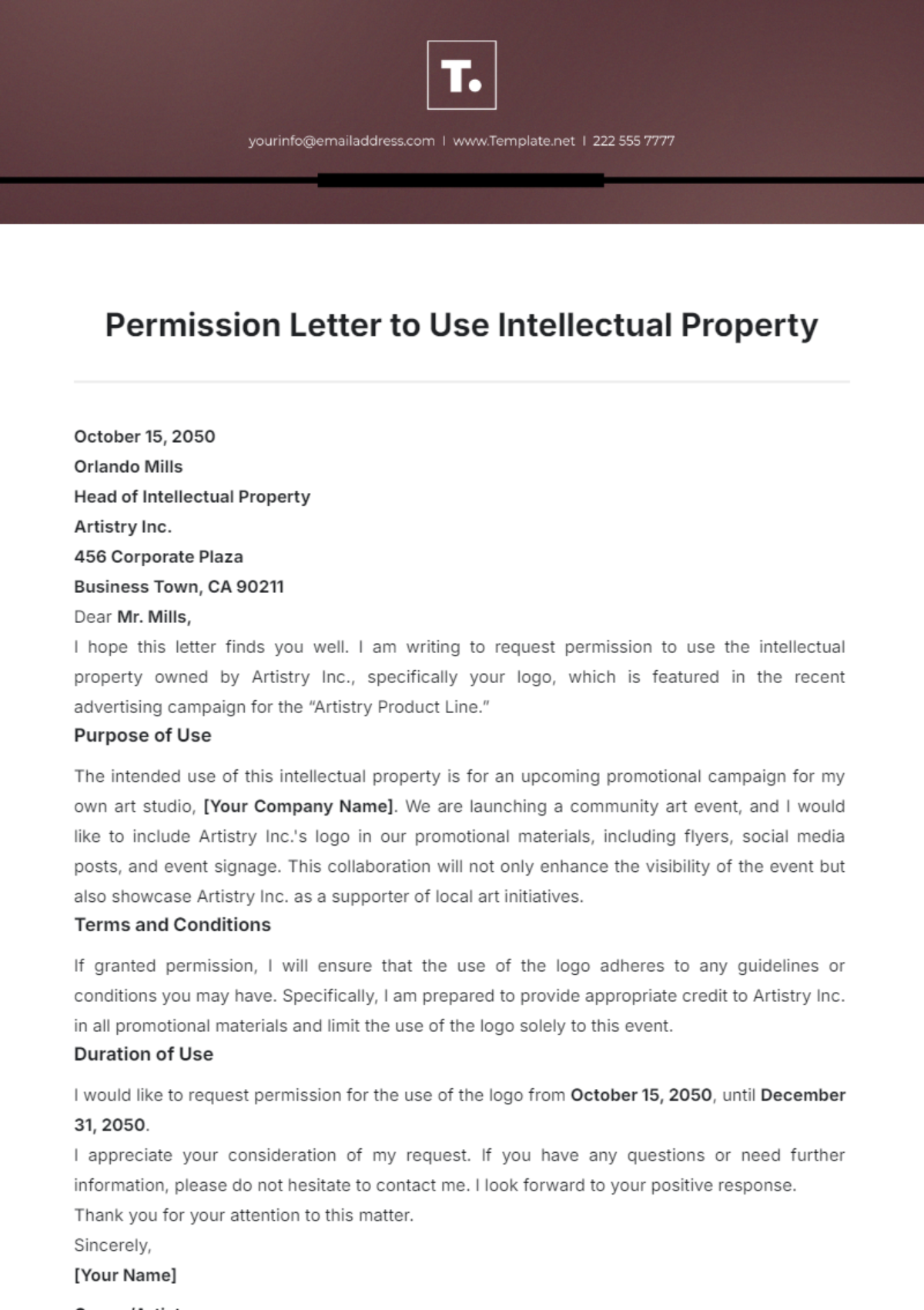 Permission Letter to Use Intellectual Property Template - Edit Online & Download