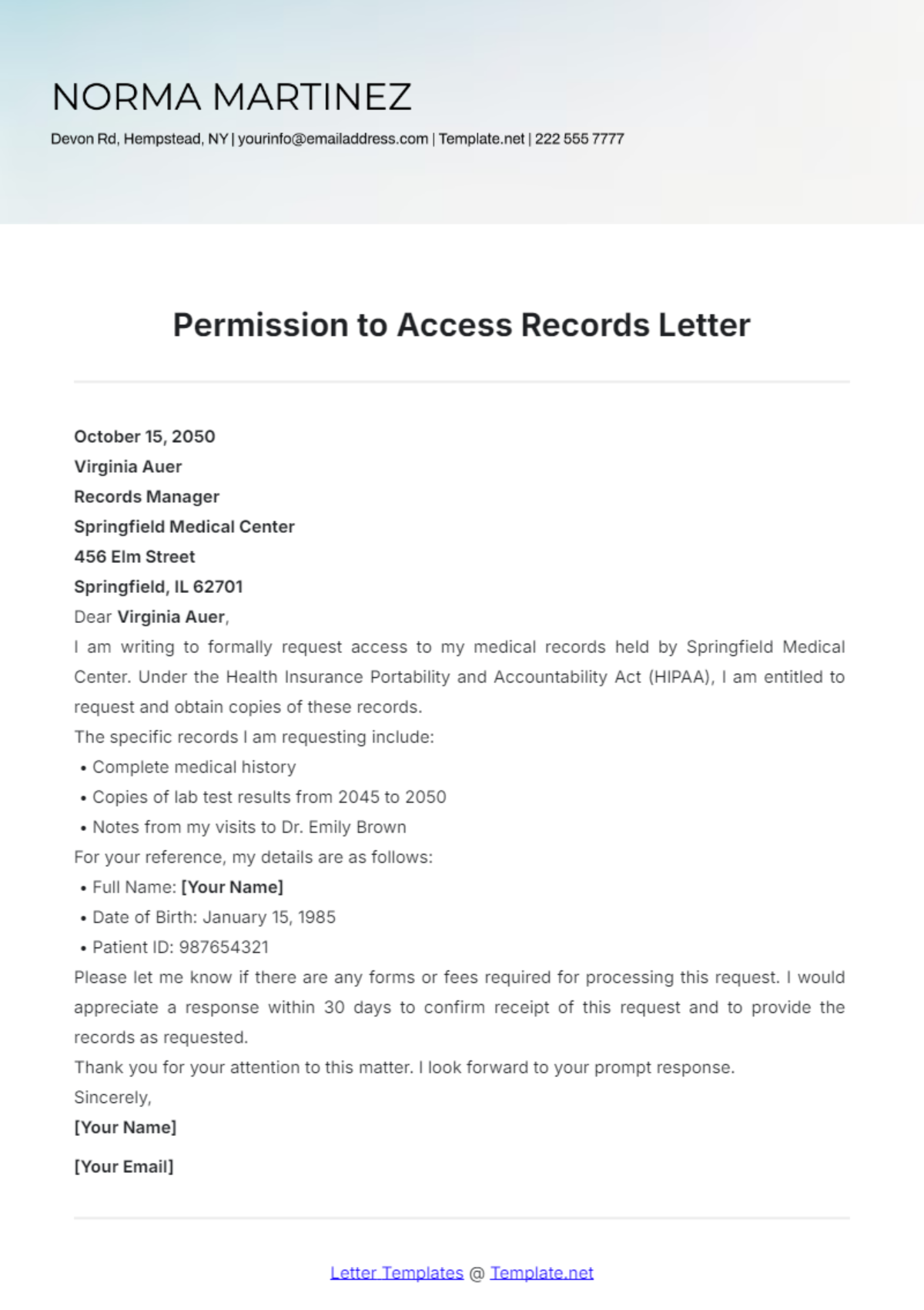 Permission to Access Records Letter Template - Edit Online & Download