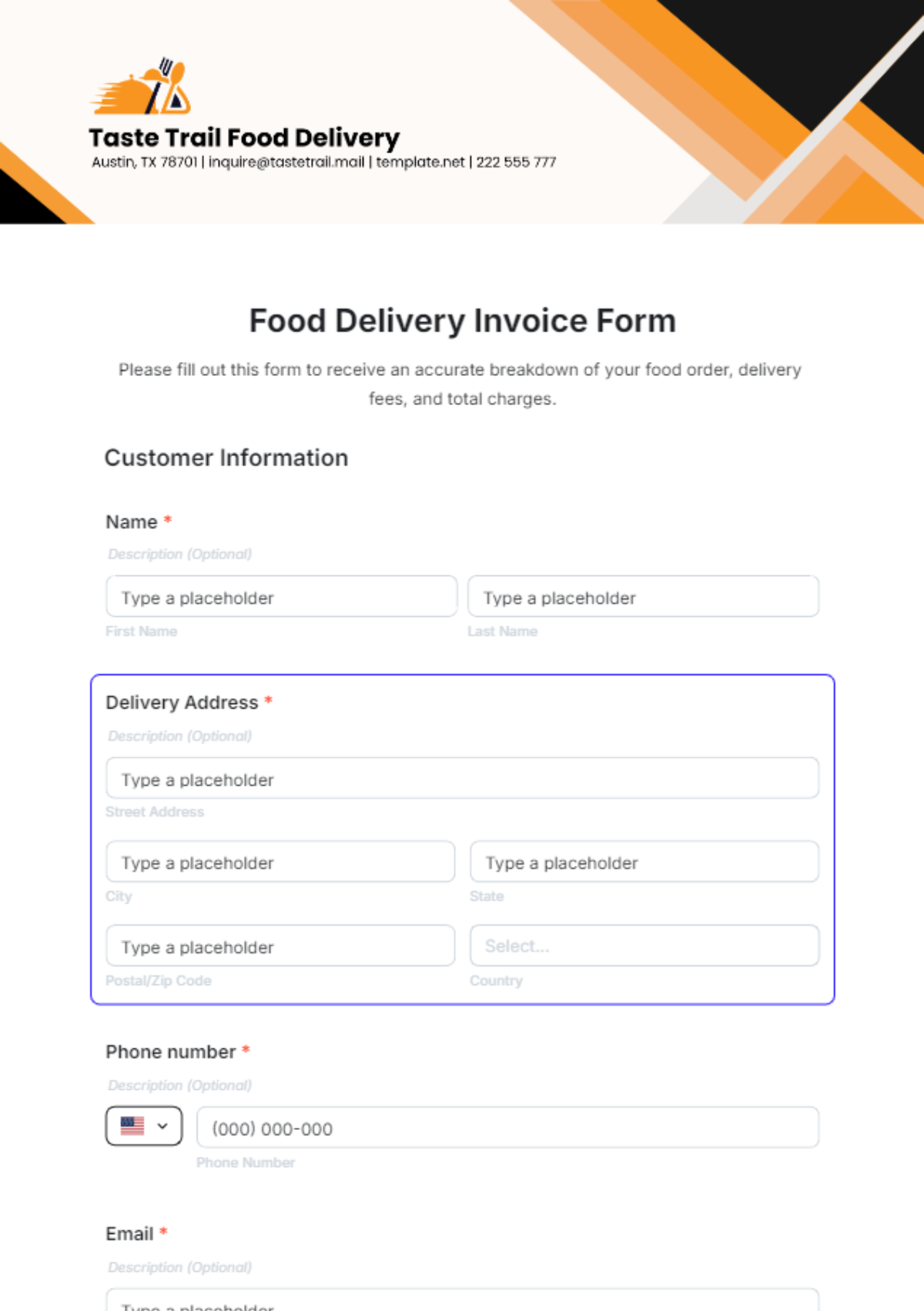 Food Delivery Invoice Form Template - Edit Online & Download