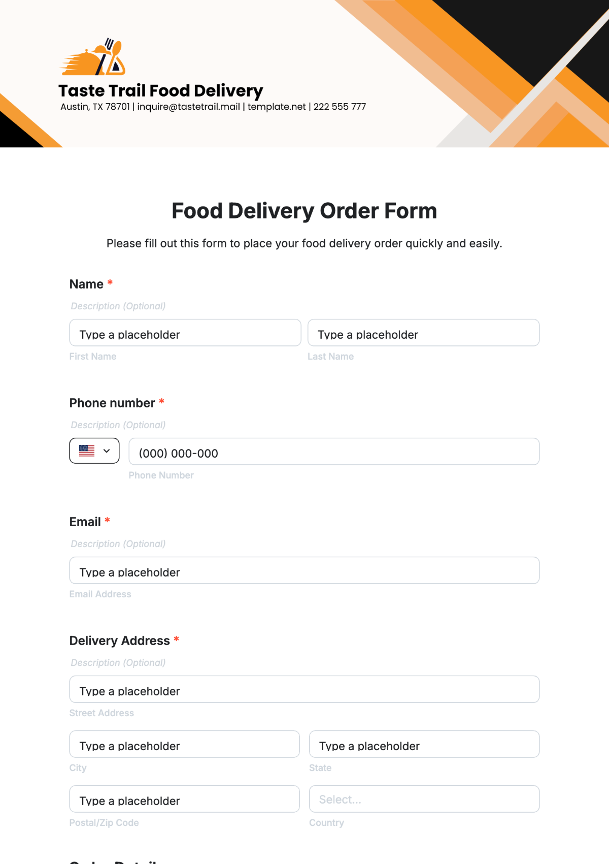 Food Delivery Order Form Template - Edit Online & Download