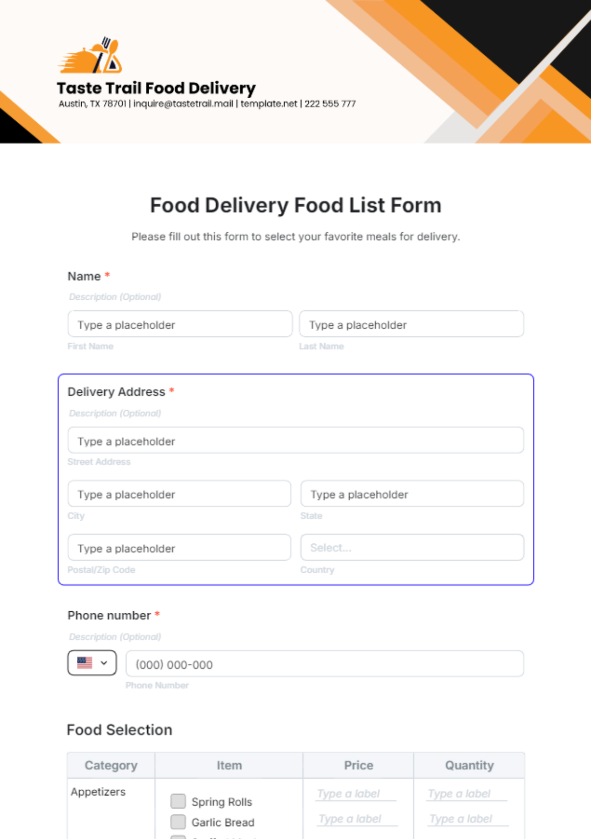 Food Delivery Food List Form Template