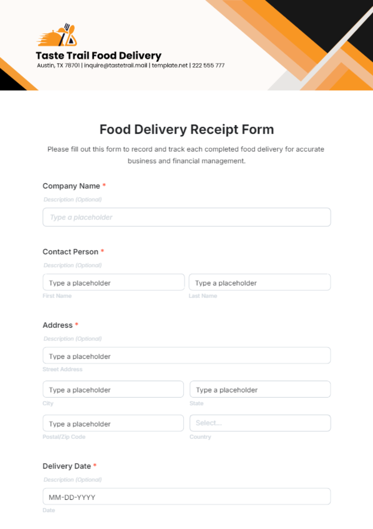 Food Delivery Receipt Form Template