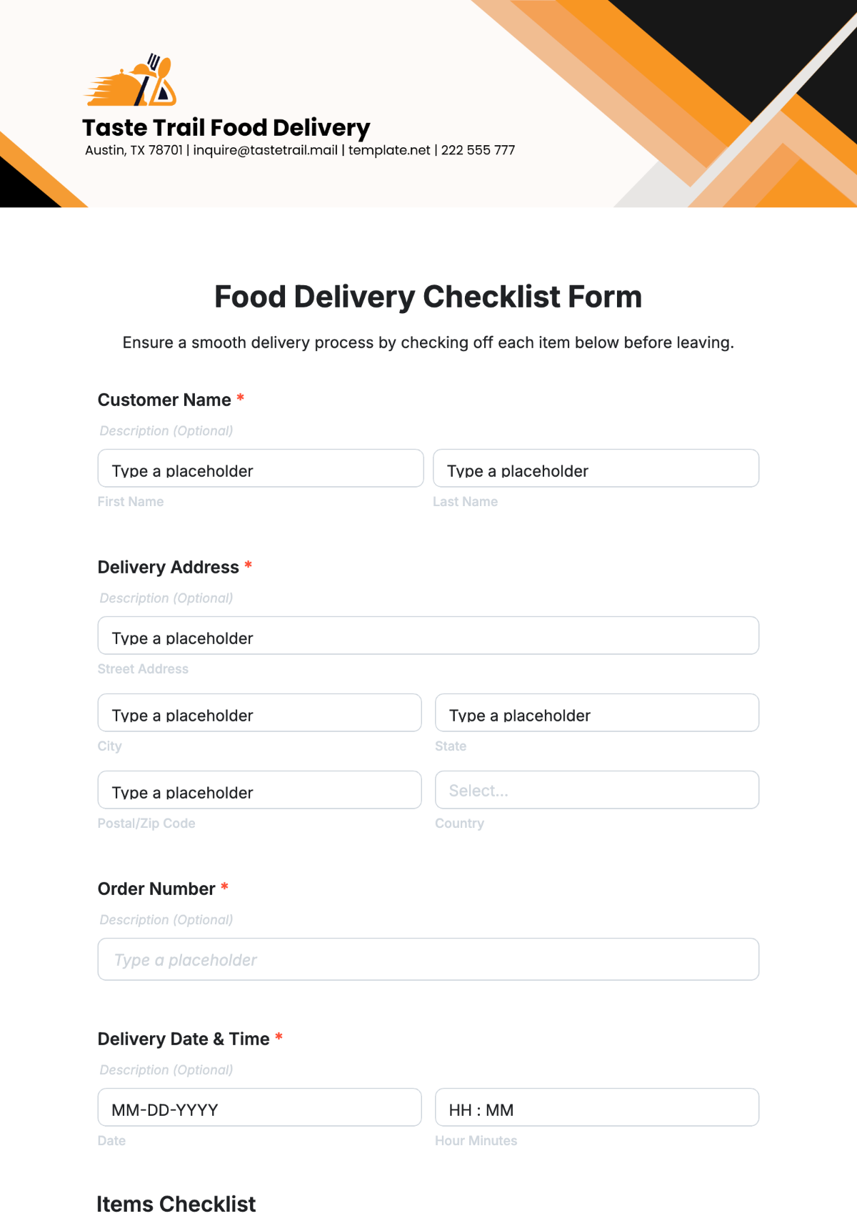 Food Delivery Checklist Form Template - Edit Online & Download