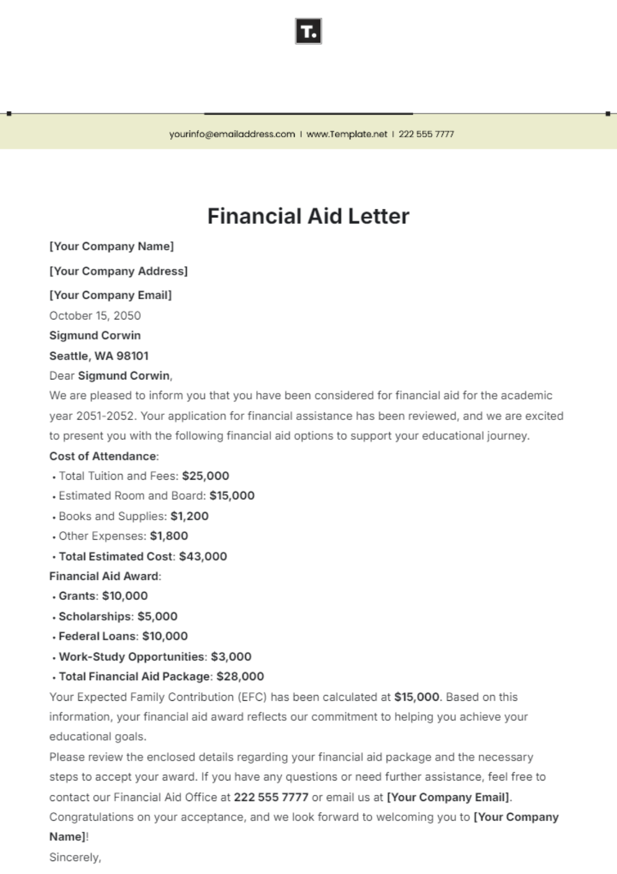 Financial Aid Letter Template - Edit Online & Download