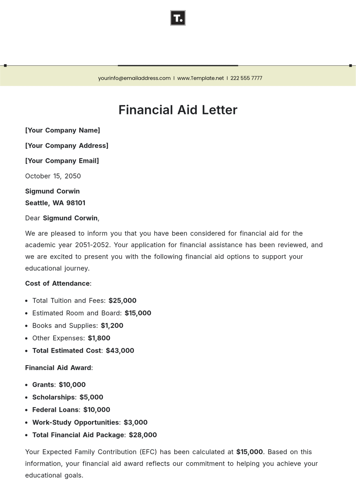 Free Financial Aid Letter Template To Edit Online