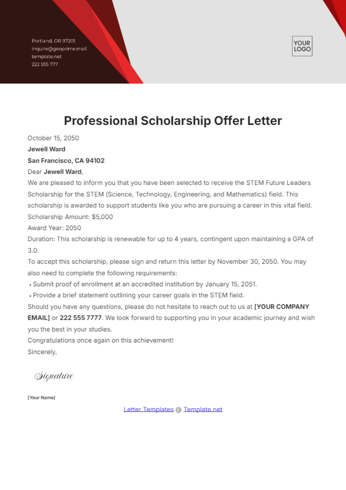 Professional Scholarship Offer Letter Template - Edit Online & Download