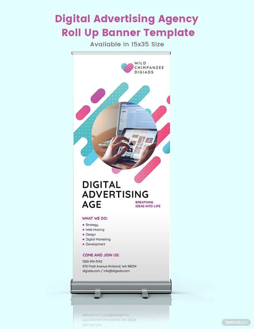Digital Advertising Agency Roll Up Banner Template in Illustrator, PSD, Apple Pages, InDesign