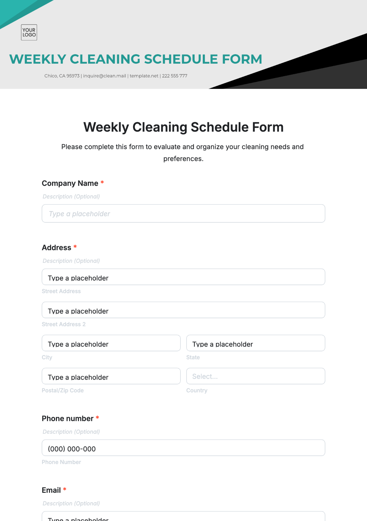 Weekly Cleaning Schedule Form Template - Edit Online & Download