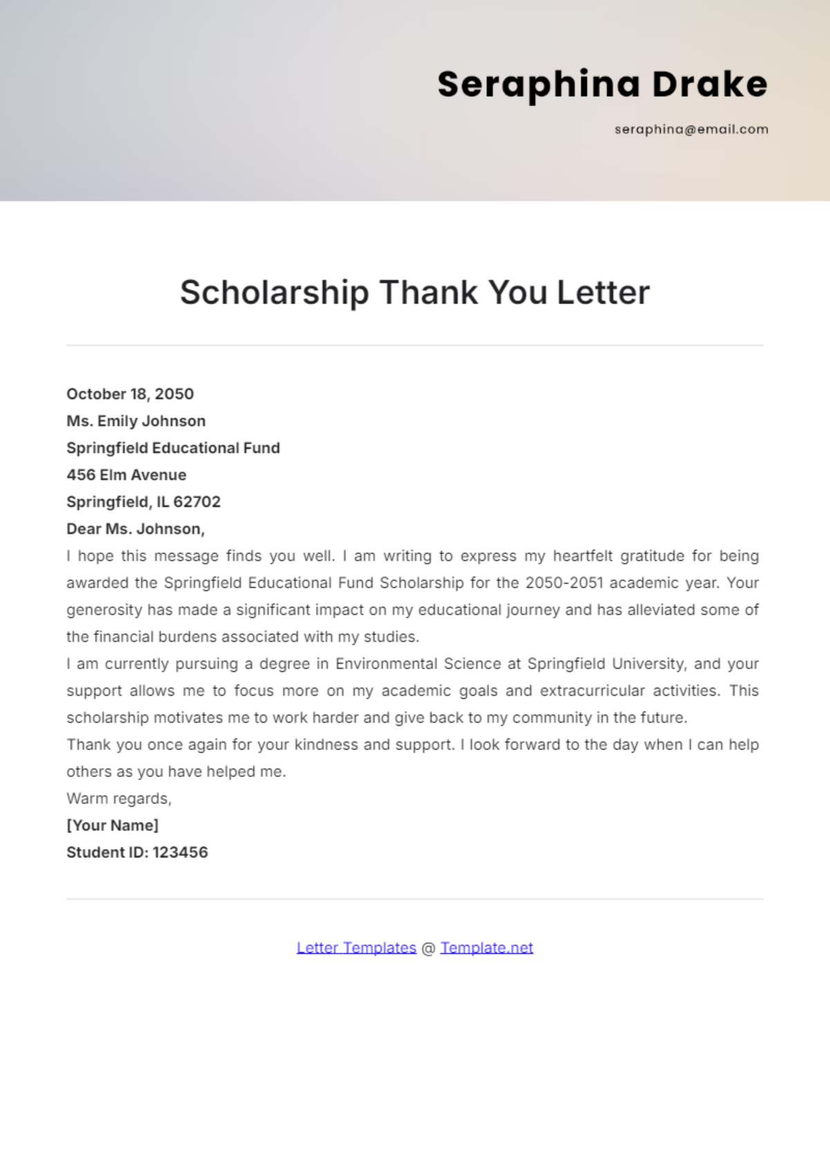 Scholarship Thank You Letter Template - Edit Online & Download