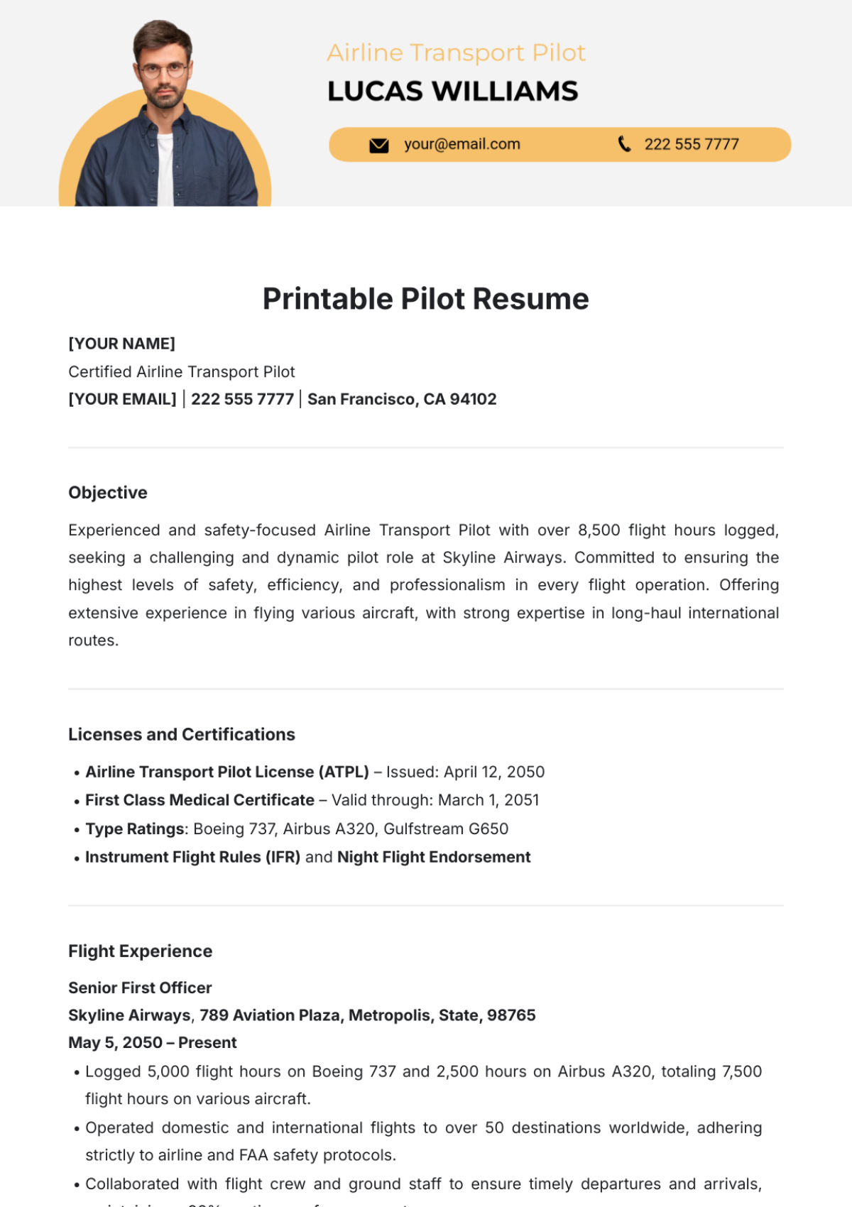 Printable Pilot Resume Template - Edit Online & Download