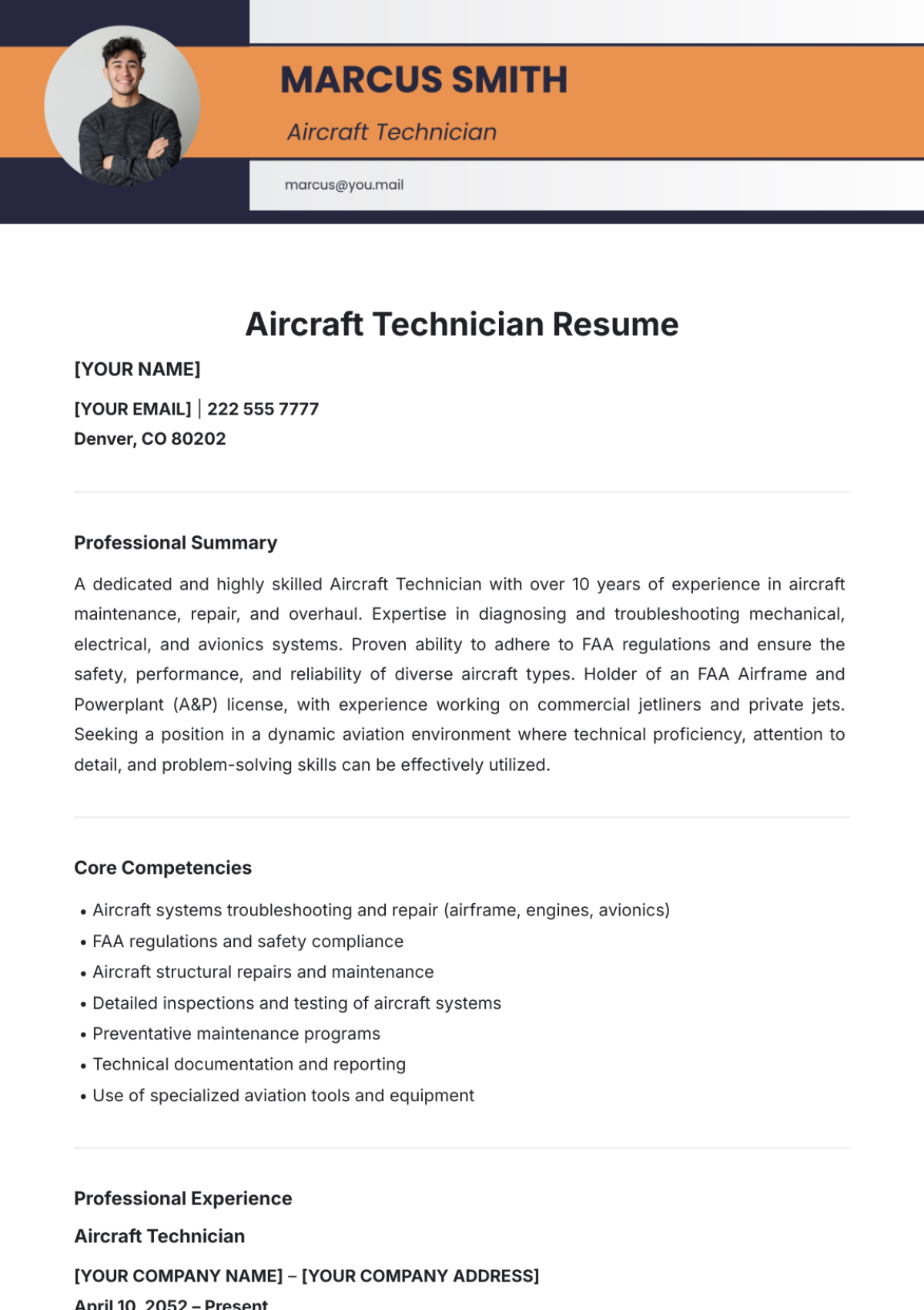 Aircraft Technician Resume Template - Edit Online & Download