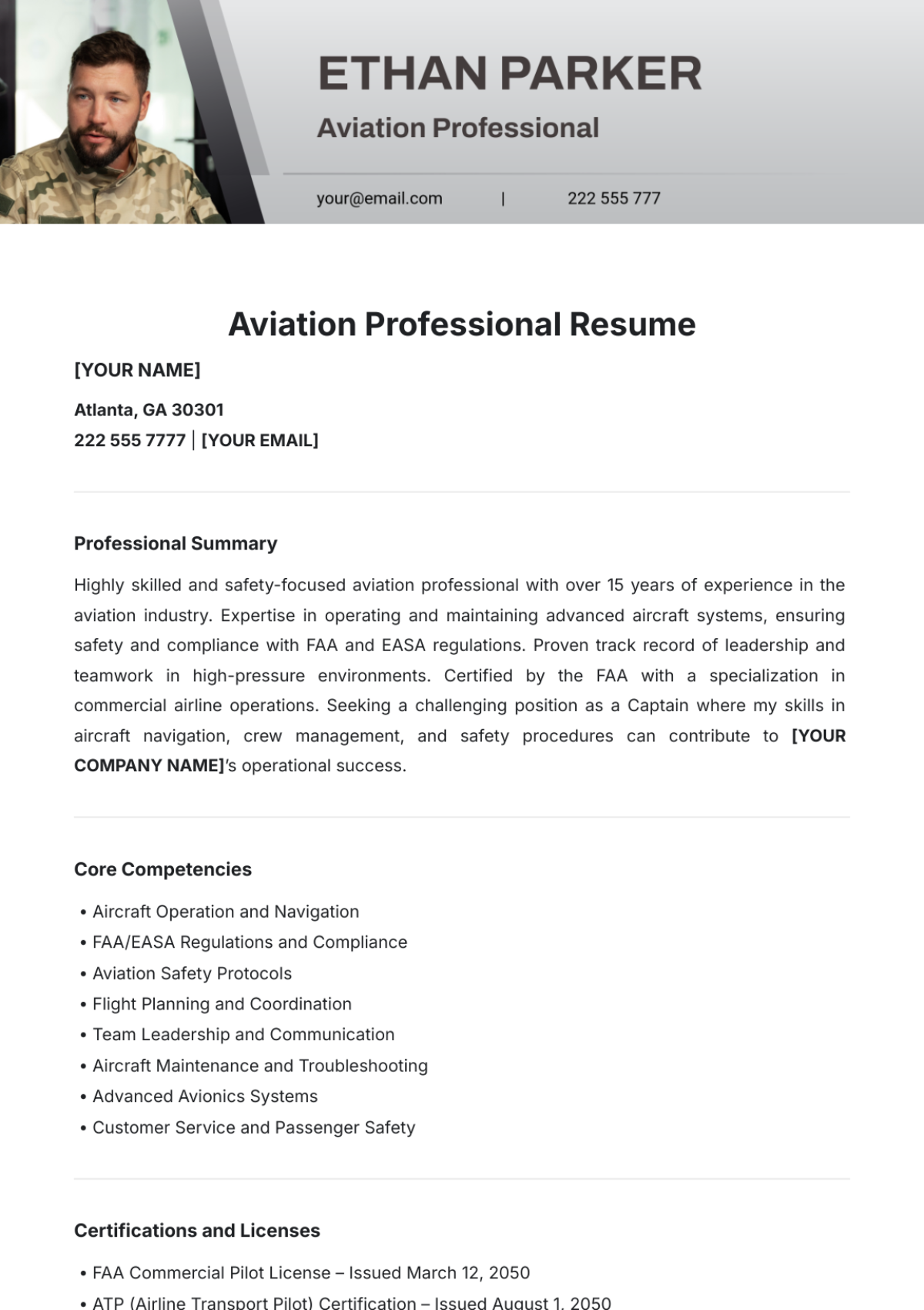 Aviation Professional Resume Template - Edit Online & Download