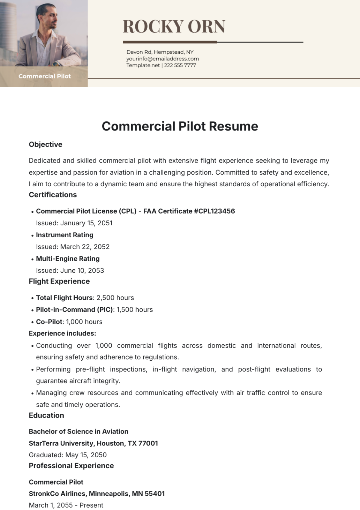 Commercial Pilot Resume Template - Edit Online & Download