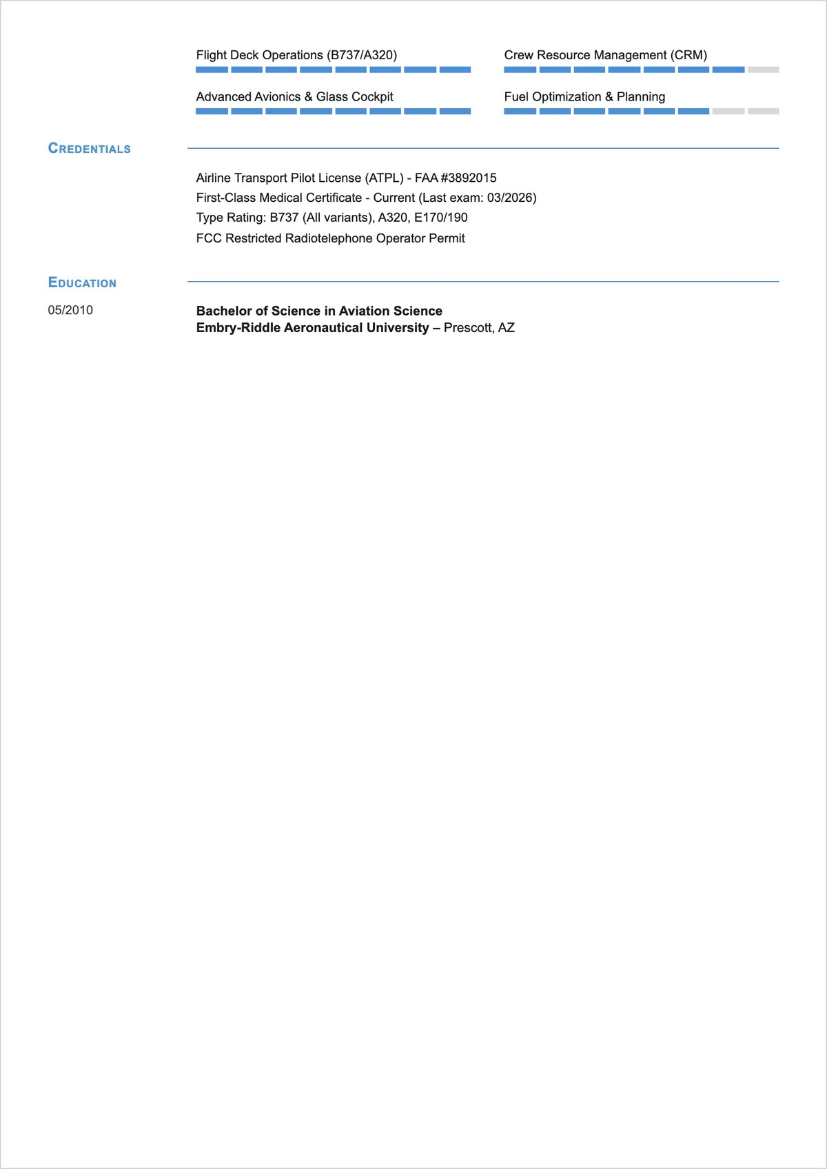 Free Commercial Pilot ATS Resume Template, AI Resume Builder