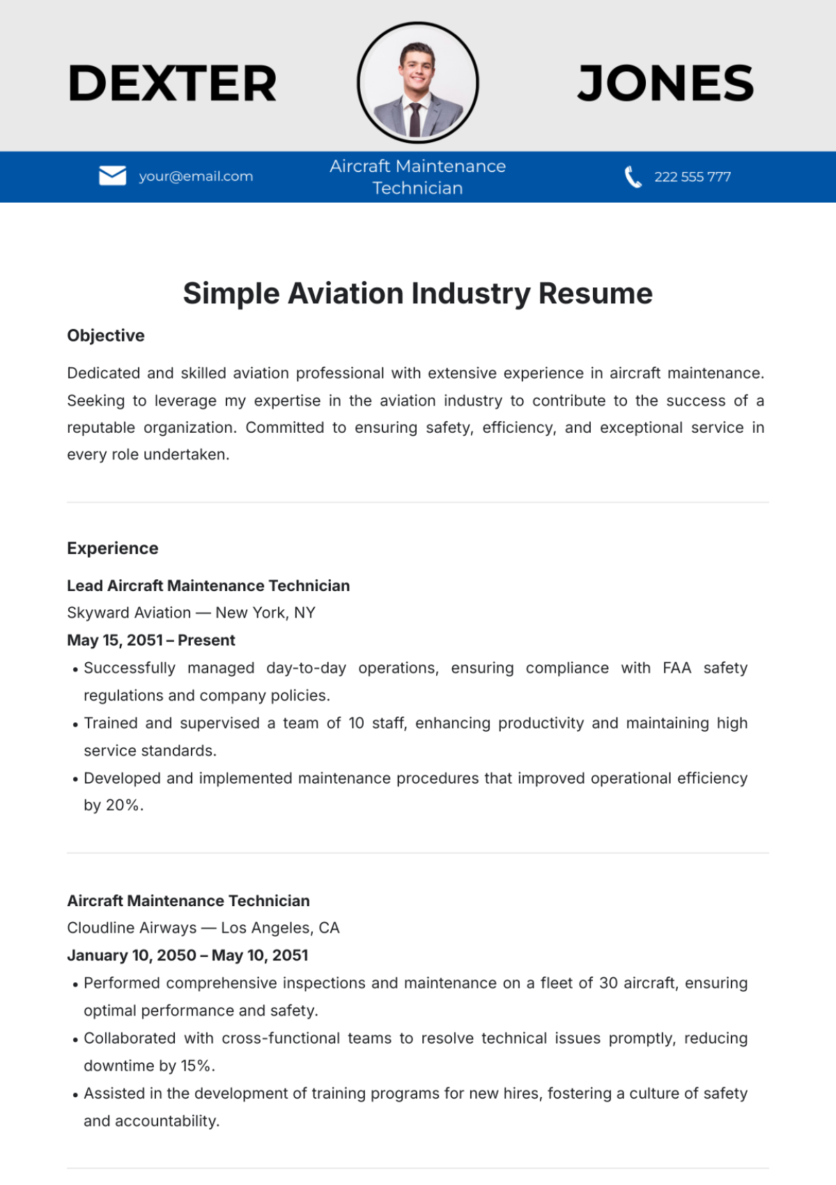 Simple Aviation Industry Resume Template - Edit Online & Download