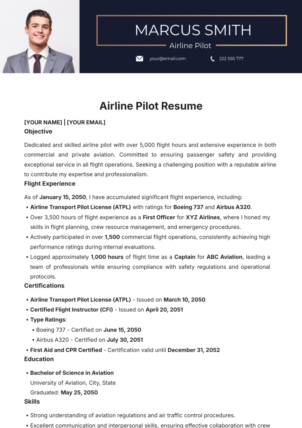 Airline Pilot Resume Template - Edit Online & Download