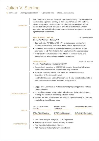 Free Airline Pilot ATS Resume Template, AI Resume Builder