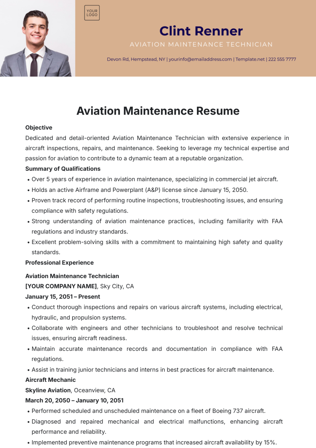 Aviation Maintenance Resume Template - Edit Online & Download