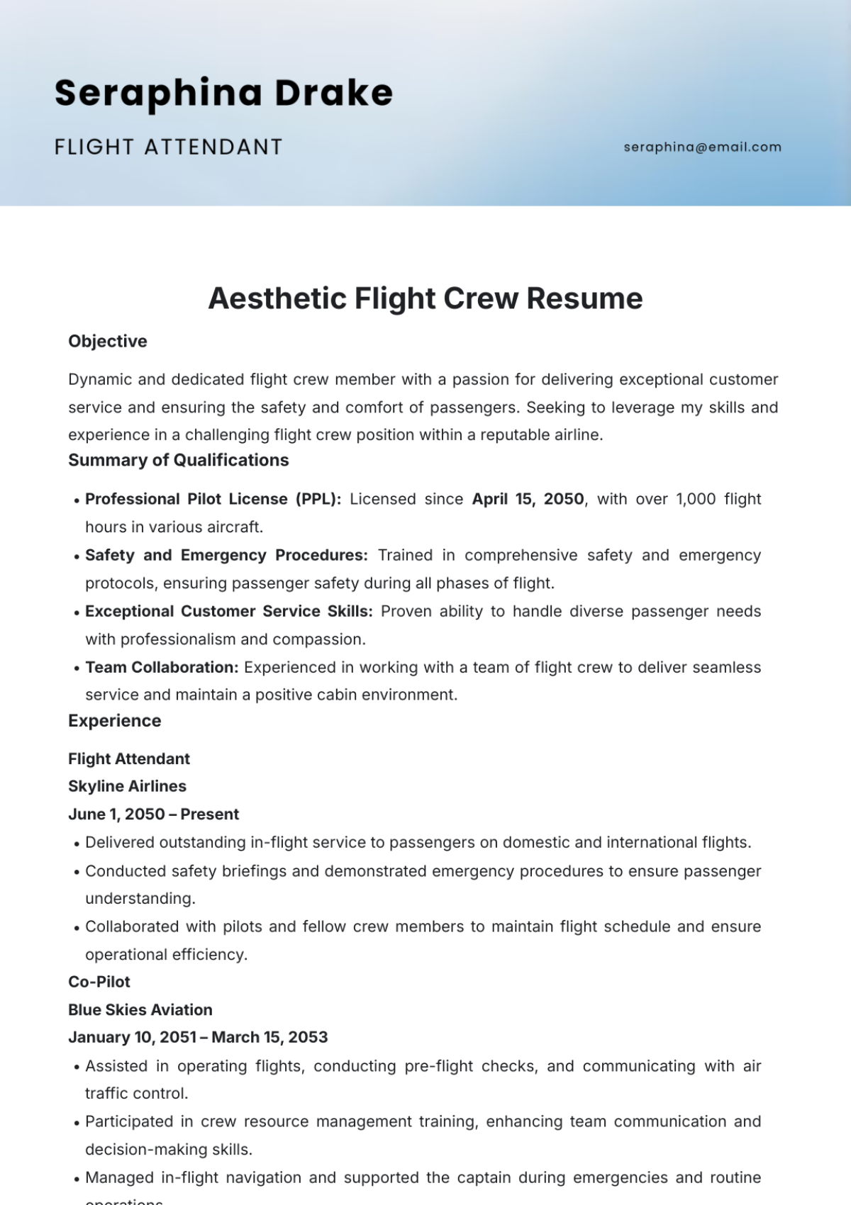 Aesthetic Flight Crew Resume Template - Edit Online & Download