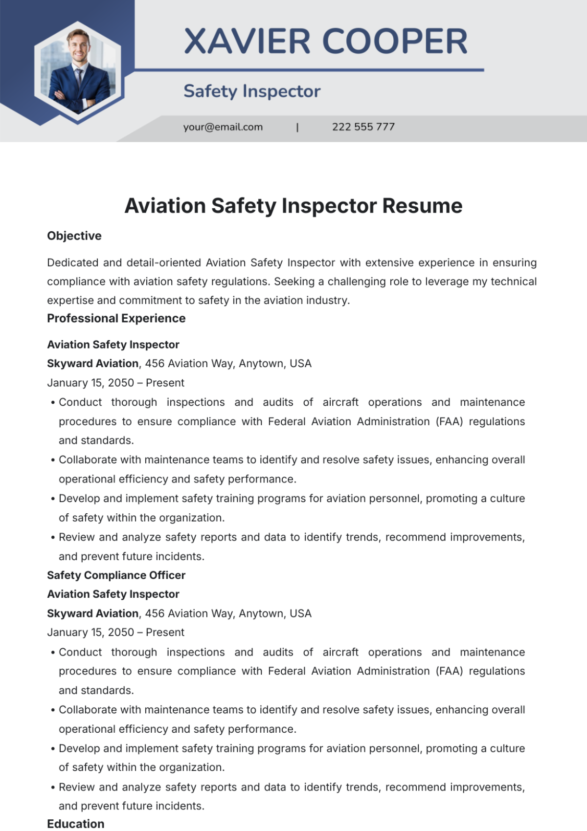 Aviation Safety Inspector Resume Template - Edit Online & Download