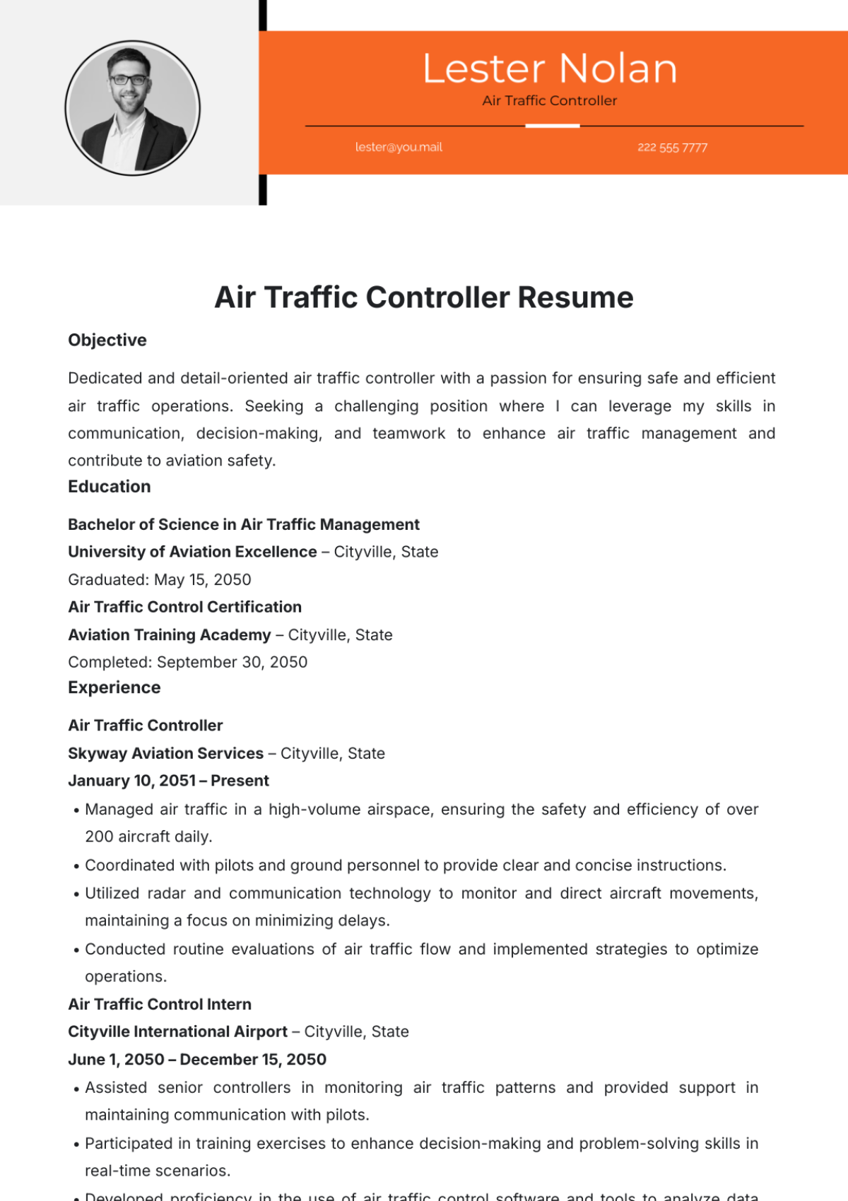 Air Traffic Controller Resume Template - Edit Online & Download