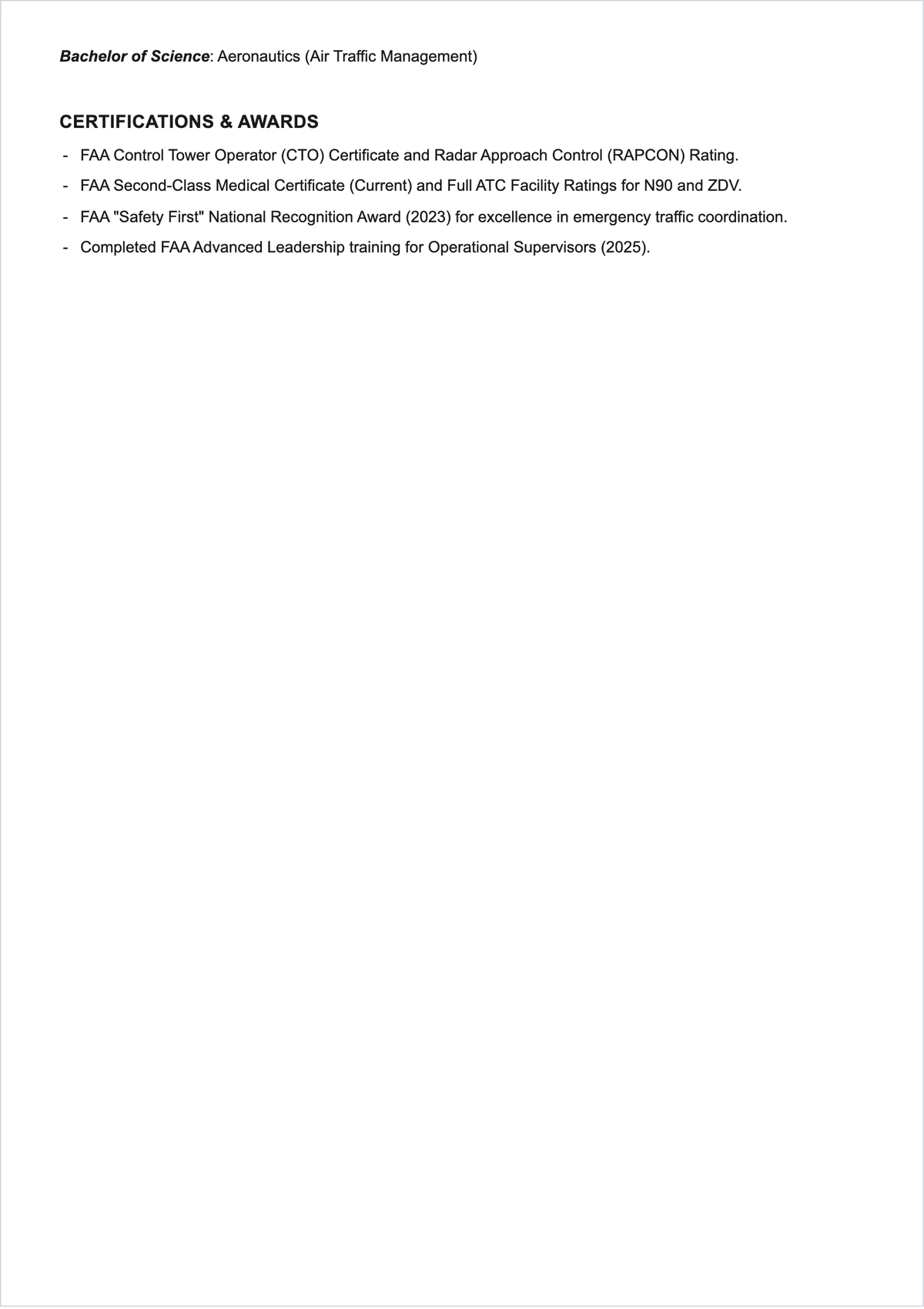 Free Air Traffic Controller ATS Resume Template, AI Resume Builder