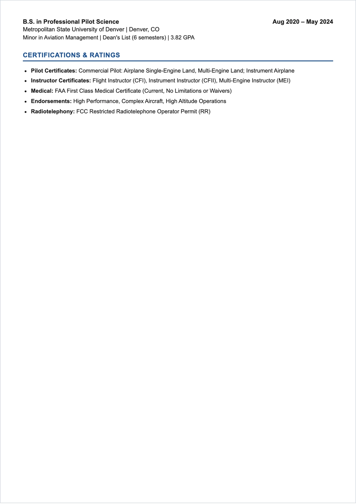Free Low Time Pilot ATS Resume Template, AI Resume Builder