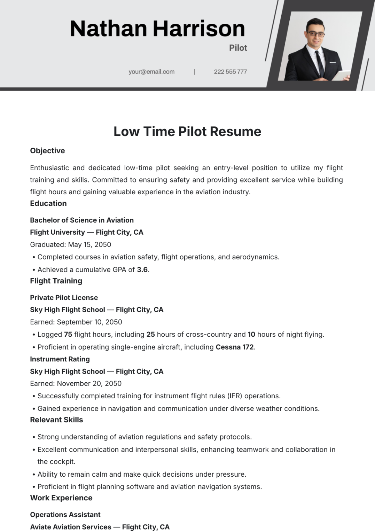 Low Time Pilot Resume Template - Edit Online & Download