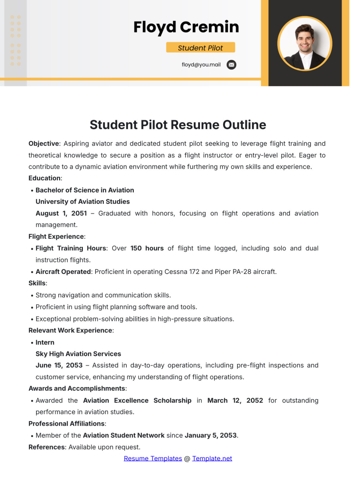 Student Pilot Resume Outline Template - Edit Online & Download