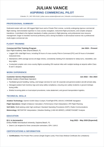 Free Student Pilot ATS Resume Template, AI Resume Builder