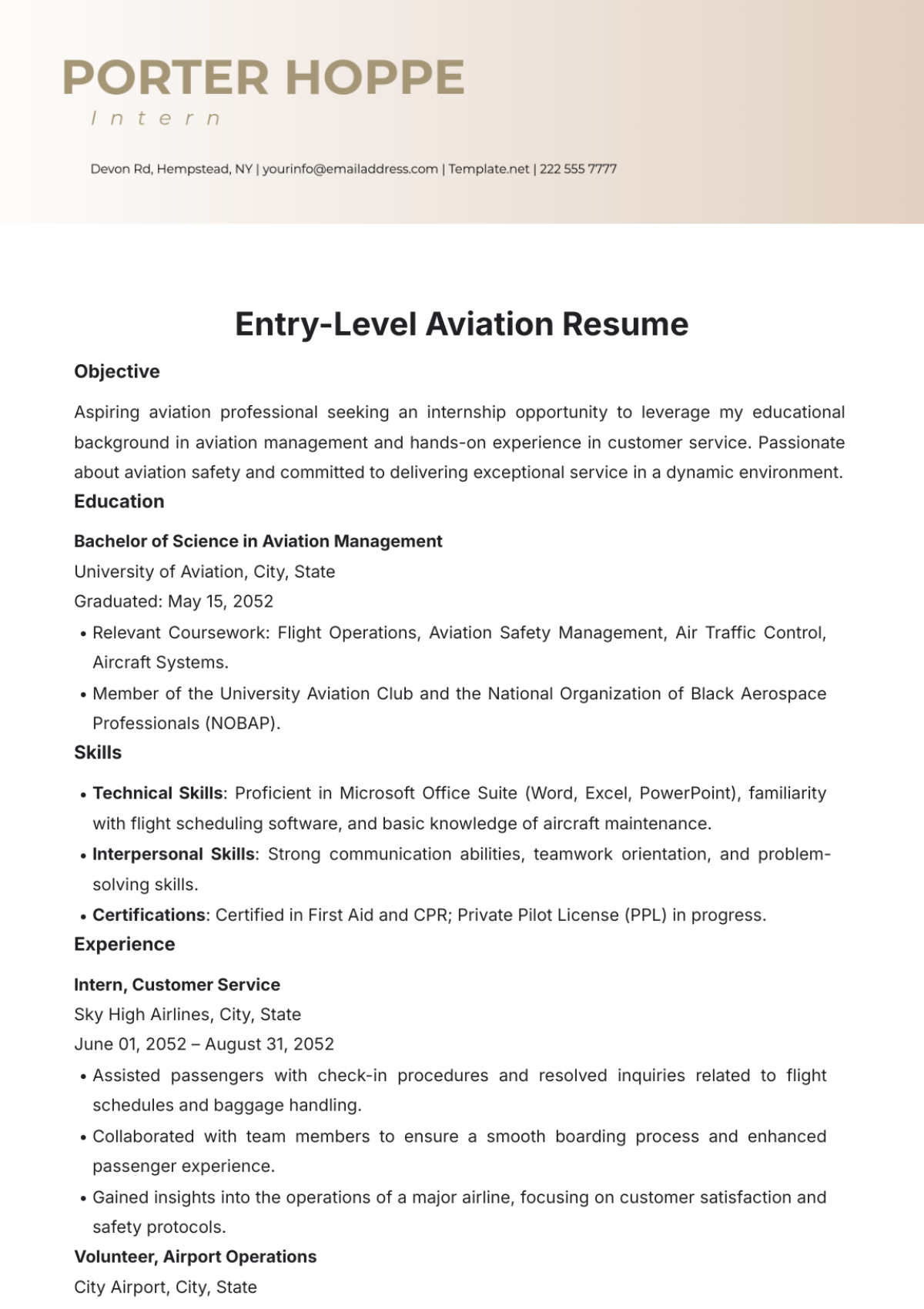 Entry-Level Aviation Resume Template - Edit Online & Download