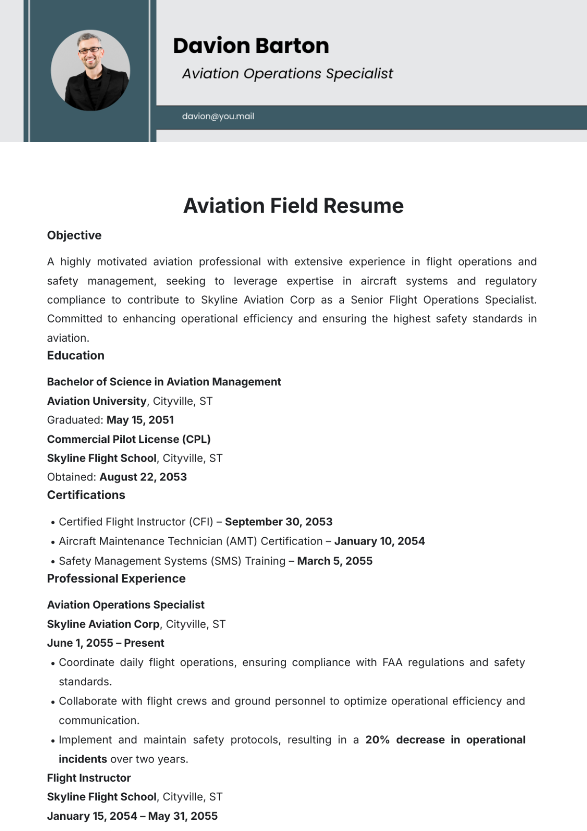 Aviation Field Resume Template - Edit Online & Download