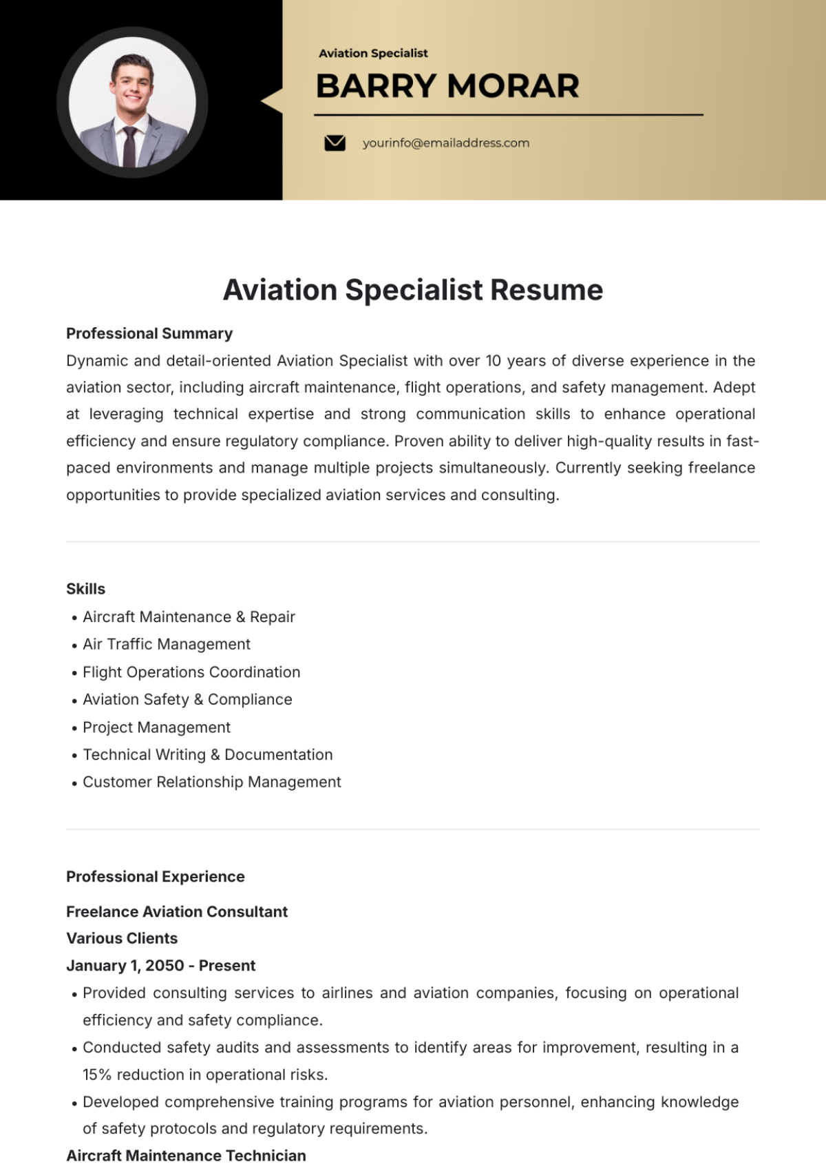 Aviation Specialist Resume Template - Edit Online & Download